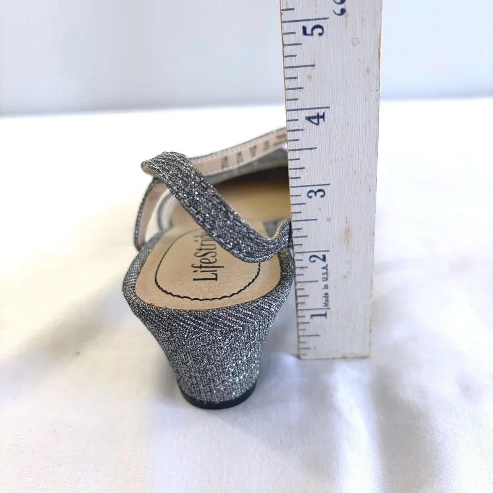 LifeStride Silver Glitter Slingback Block Heel Pointed Toe Shoes 9W Minimalist